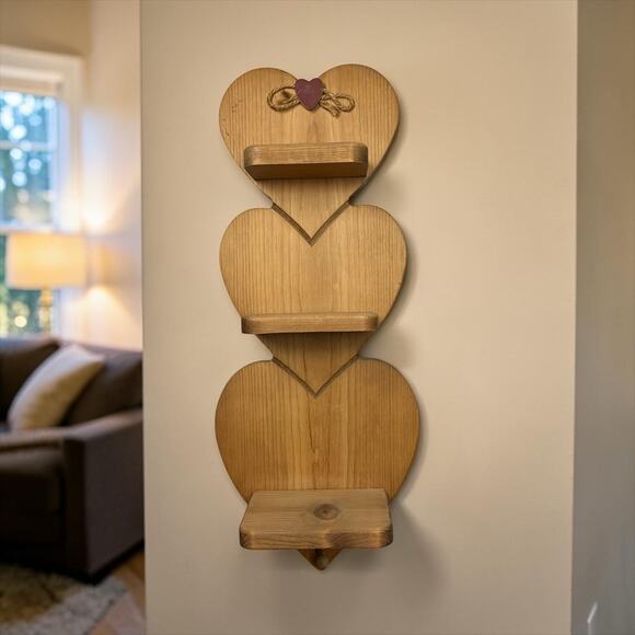 Wooden Other - Vintage Rustic Wooden Heart Shelf 3 Shelves One Hook 21” x 8.5" Farmhouse